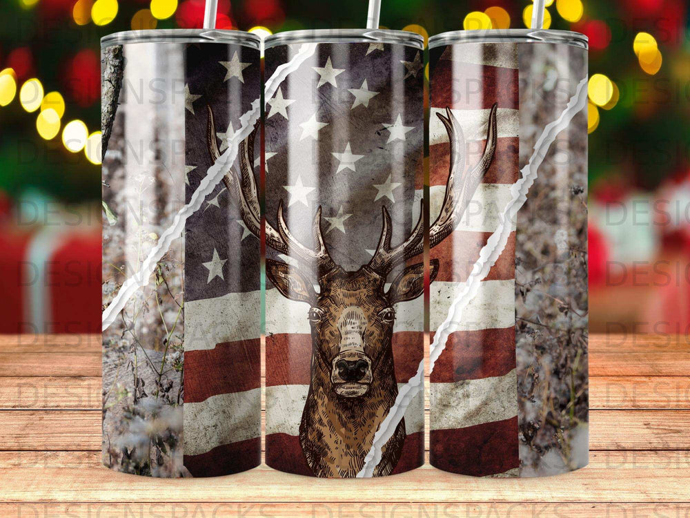 Deer head with American flag and tree branches background.