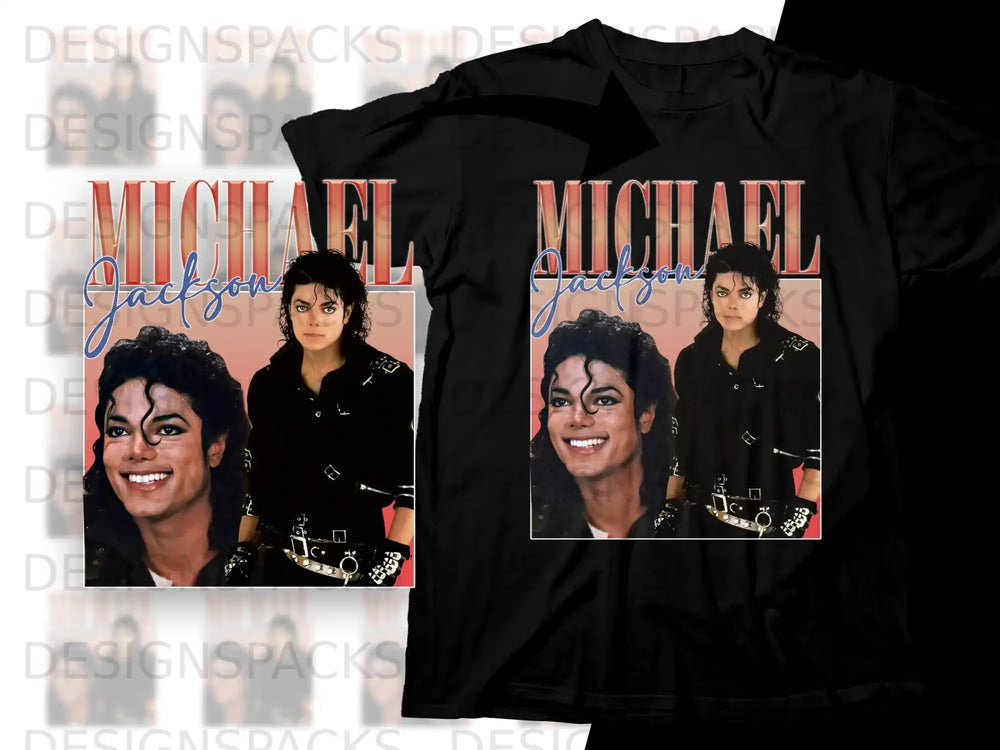 Black t-shirt with Michael Jackson graphic in a framed collage.