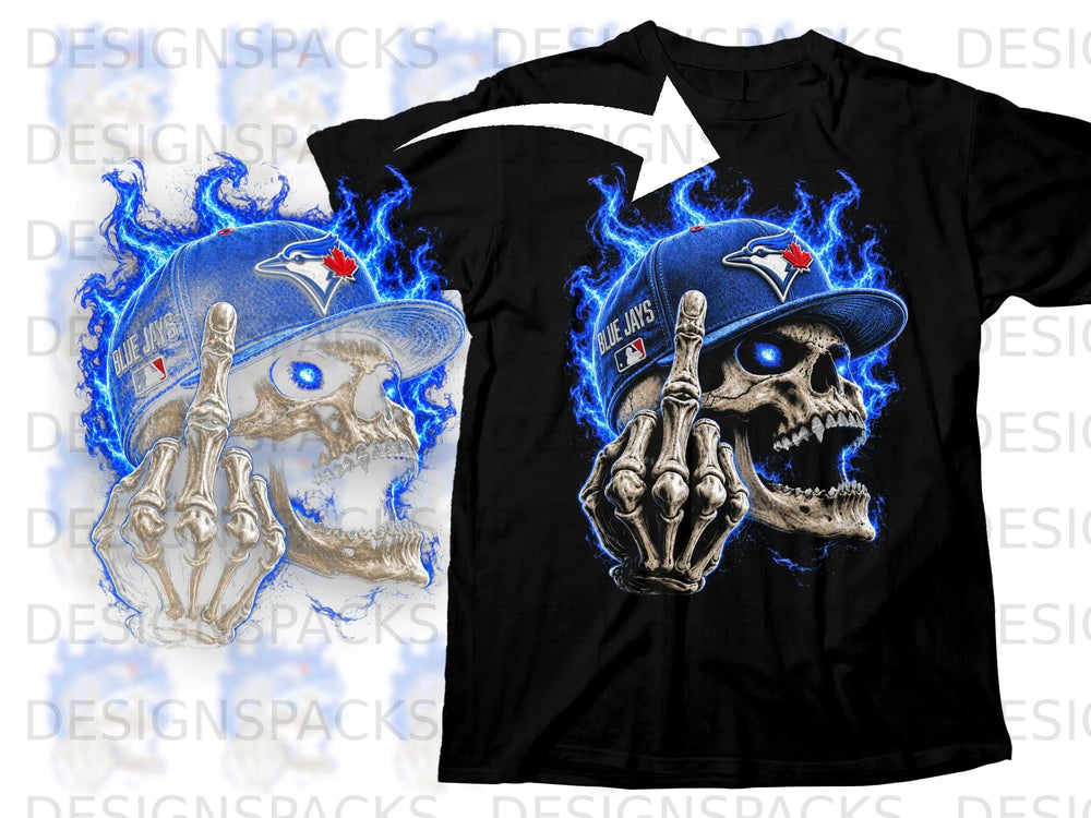 Skull wearing a Blue Jays hat and giving the middle finger, surrounded by blue flames.