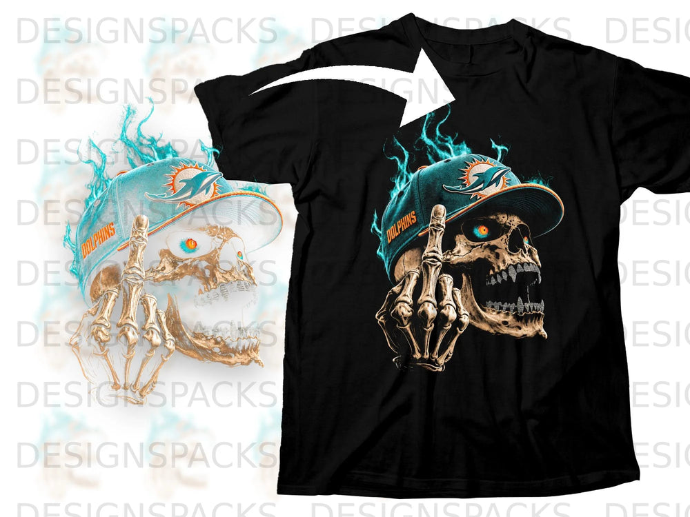 Black t-shirt with a skull wearing a Dolphins cap and surrounded by blue flames.