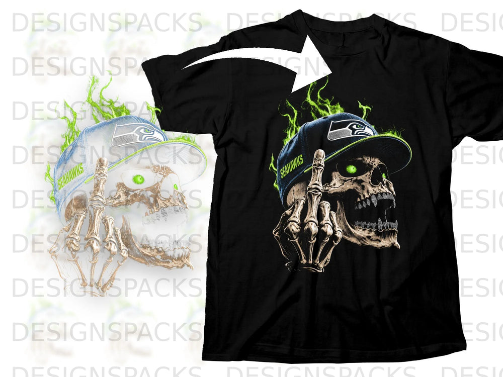 Black t-shirt with a skeletal skull wearing a Seahawks hat and giving the middle finger.