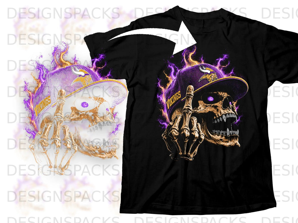 Skull with Vikings hat and purple flames, wearing a black t-shirt.