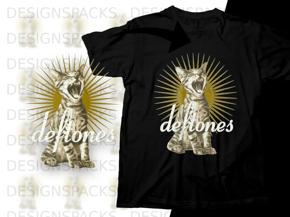 Black t-shirt with a distressed graphic of a shouting cat and the Deftones logo.