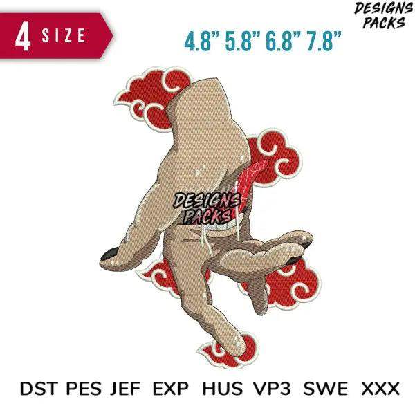 Embroidery design of anime-style character with red clouds, available in 4 sizes and multiple file formats