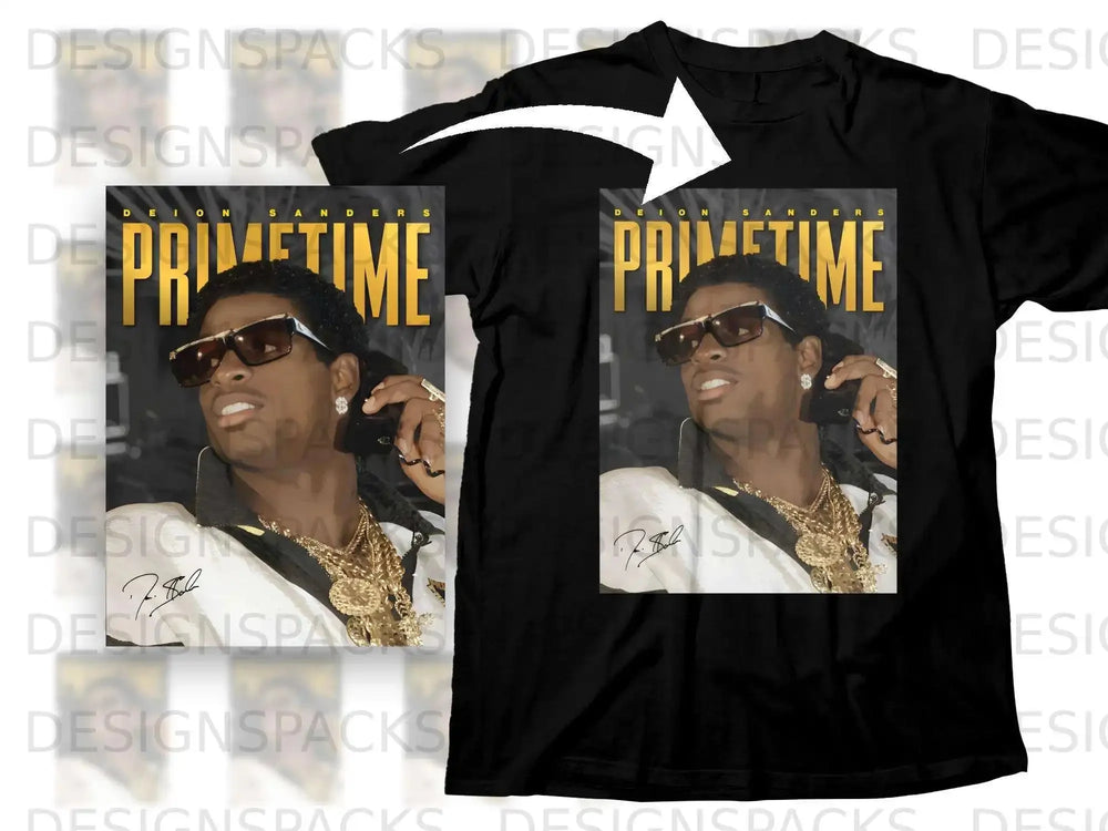Deion Sanders Primetime t-shirt with sunglasses and gold chains.