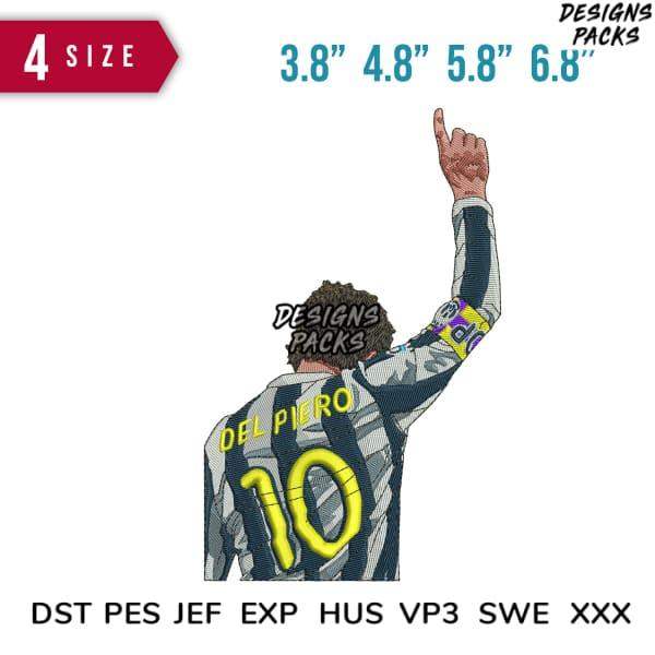 Del Piero soccer jersey design with number 10, available in 4 sizes for embroidery & DTF/DTG printing