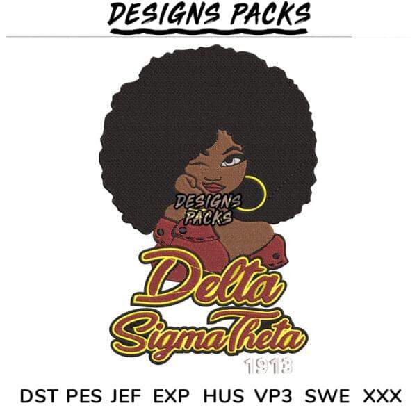 Delta Sigma Theta embroidery design with afro and gold hoop earrings, print-ready formats