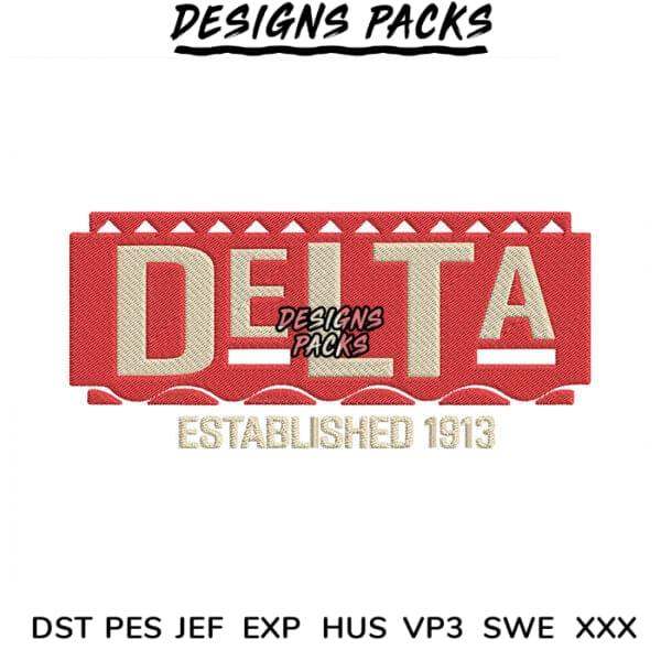 Embroidery design 'DELTA Established 1913' in red and beige, compatible with DST PES JEF formats