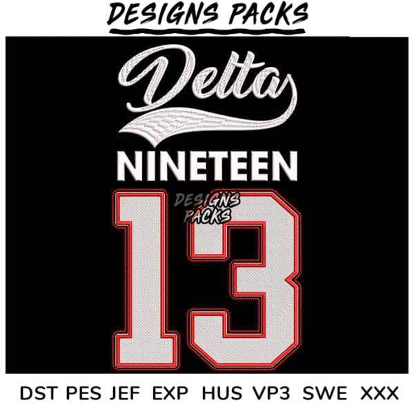 Embroidery design with 'Delta Nineteen 13' in varsity style, white and red, for instant download