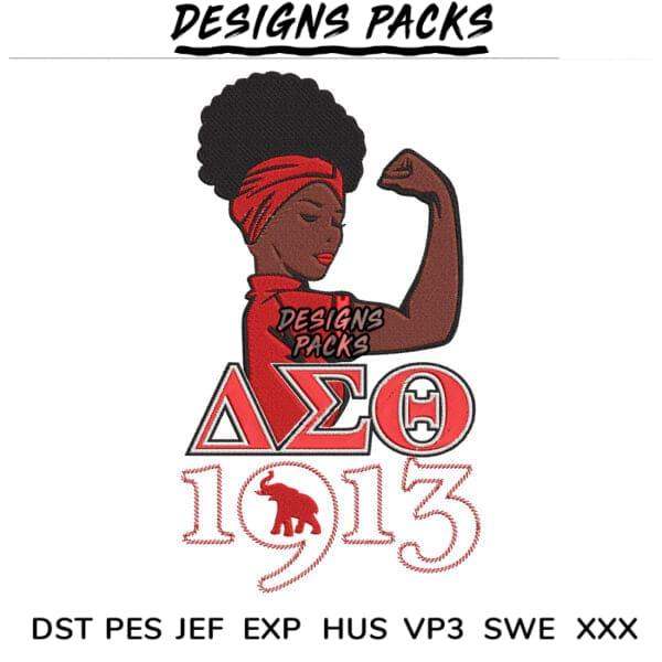Strong Black woman flexing arm with Delta Sigma Theta 1913 design, embroidery file formats listed