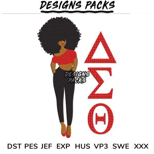 Embroidery design of woman with afro beside Delta Sigma Theta letters, print-ready for DTG or DTF