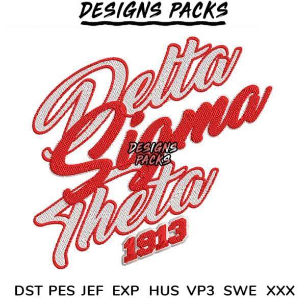 Delta Sigma Theta 1913 embroidery design in red and white, available in DST, PES, JEF formats