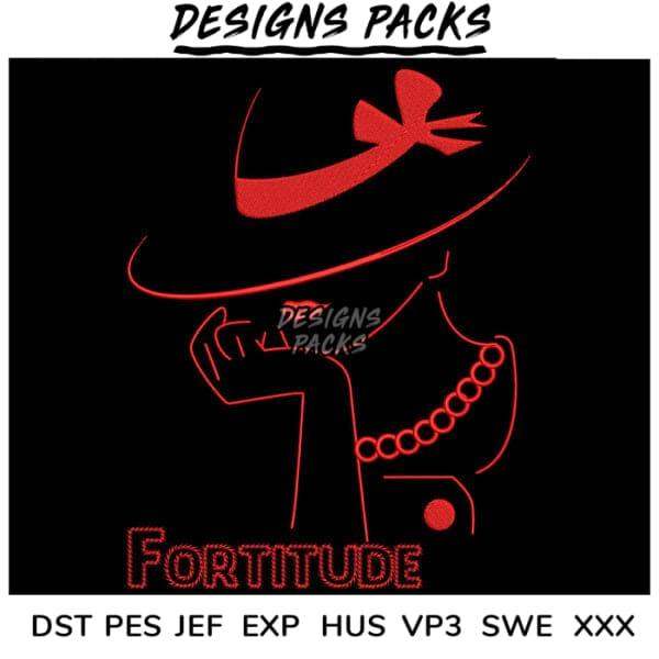 Red embroidered 'Fortitude' design with hat & pearls, PES DST JEF formats for embroidery machines