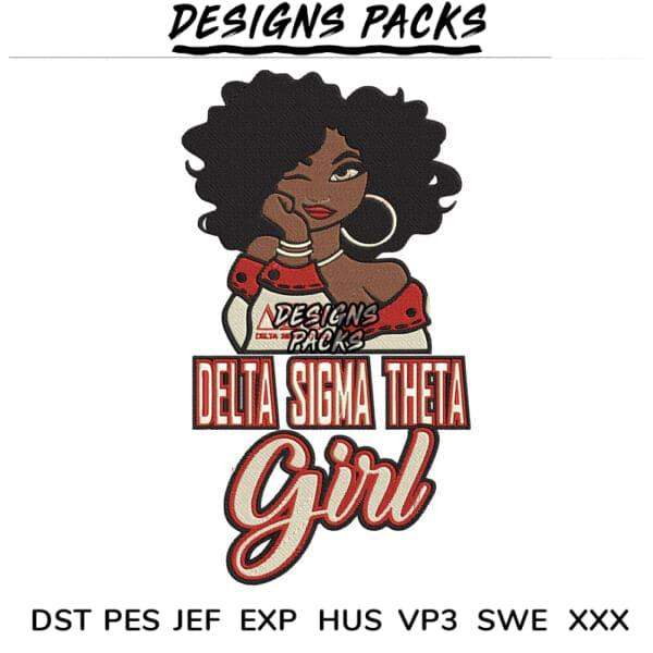 Delta Sigma Theta Girl embroidery design with afro and hoop earrings, print-ready formats
