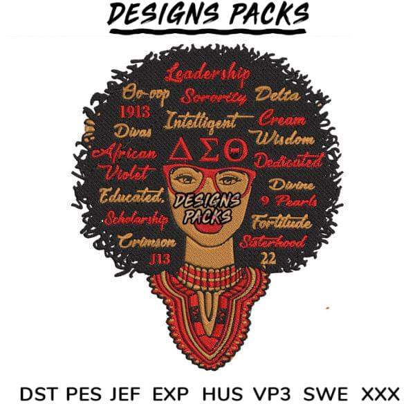 Delta Sigma Theta sorority embroidery design with afro, glasses, and Greek letters for DTF/DTG, PES, SVG files
