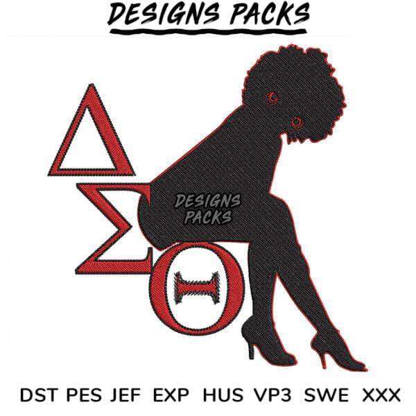 Sigma Gamma Rho sorority embroidery design with silhouette, red Greek letters, and high heels for instant download.