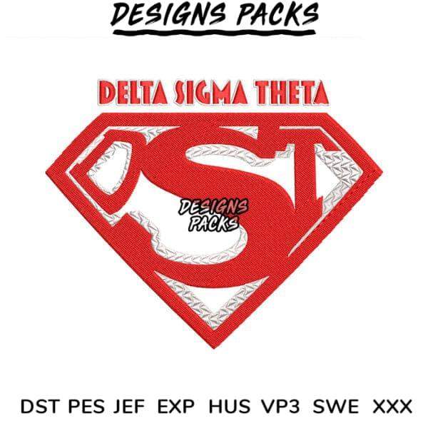 Delta Sigma Theta Superman-style embroidery design in red and white, available in PES, DST, JEF formats