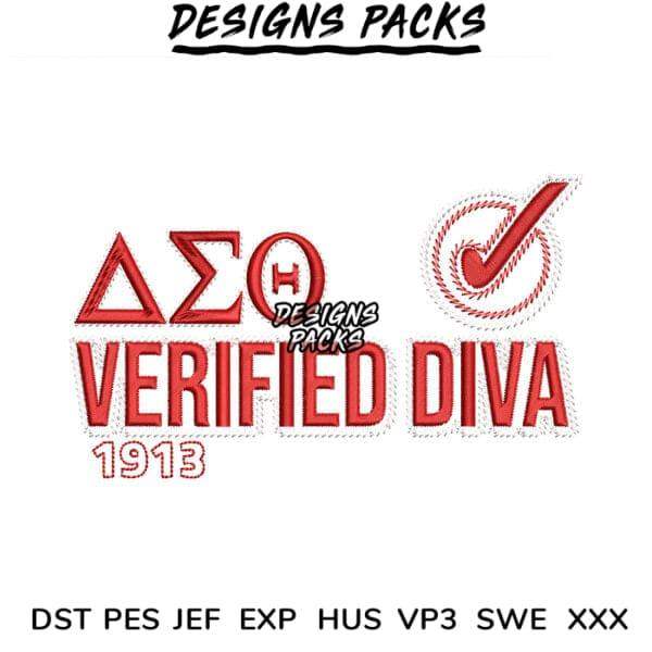 Delta Sigma Theta Verified Diva 1913 embroidery design in red with checkmark, compatible with DST PES JEF formats