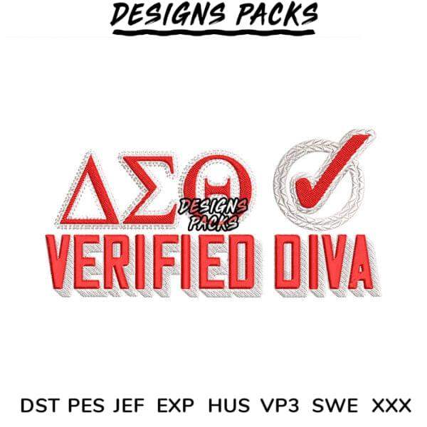 Delta Sigma Theta Verified Diva embroidery design in red, stitch-ready for DST PES JEF formats