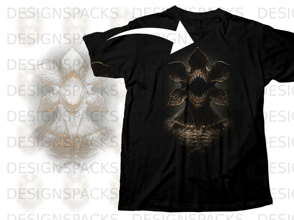 Black t-shirt featuring a dark, monstrous creature with sharp teeth.