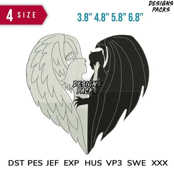 Demon and angel love Embroidery Design 3.8" 4.8" 5.8" 6.8"