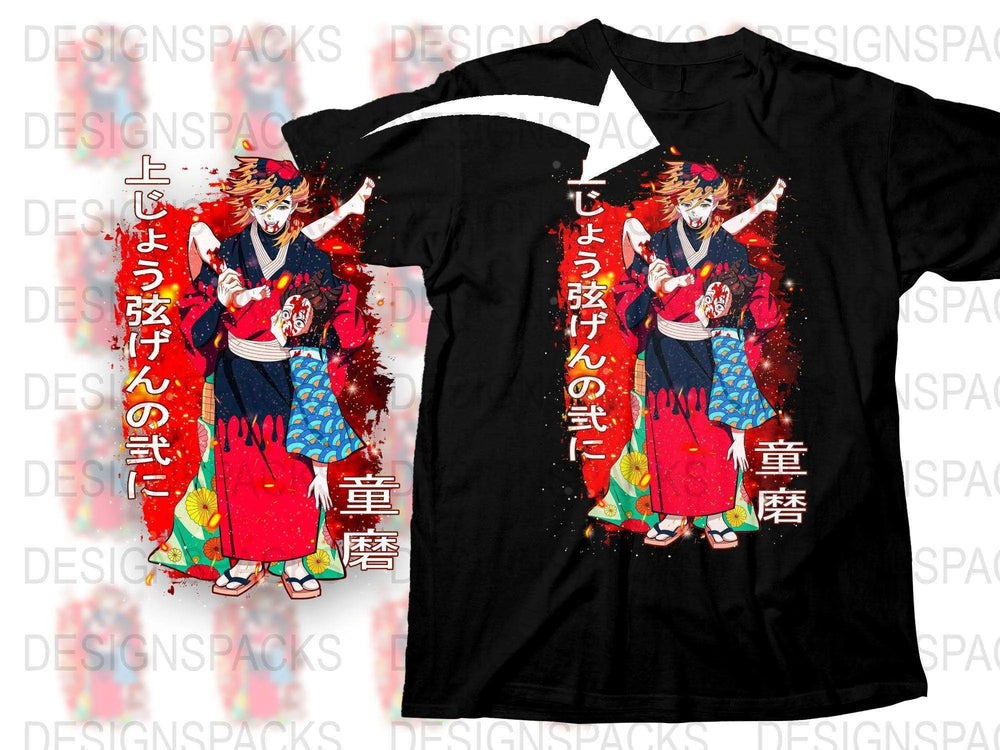 Japanese Anime Samurai Graphic T-Shirt, Vibrant Red and Blue Warrior Design, Unisex Manga Tee
