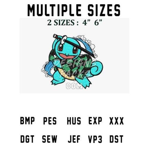 Squirtle embroidery design in multiple sizes, available in BMP, PES, HUS, EXP, and other formats.