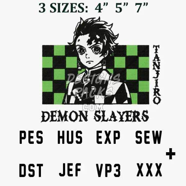 Tanjiro Demon Slayer embroidery design in PES, DST, HUS, JEF formats, 3 sizes: 4”, 5”, 7”
