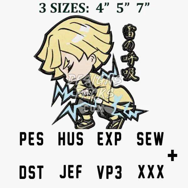 Chibi anime character with lightning, available in 3 sizes, embroidery formats PES, DST, HUS, EXP, SEW, JEF, VP3, XXX