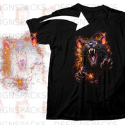 Black t-shirt with a roaring black wolf graphic surrounded by flames.