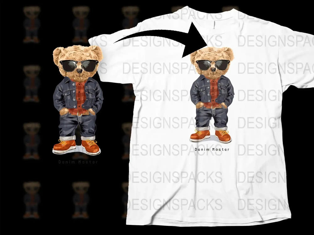 Denim Master Teddy Bear Illustration Png Digital Download