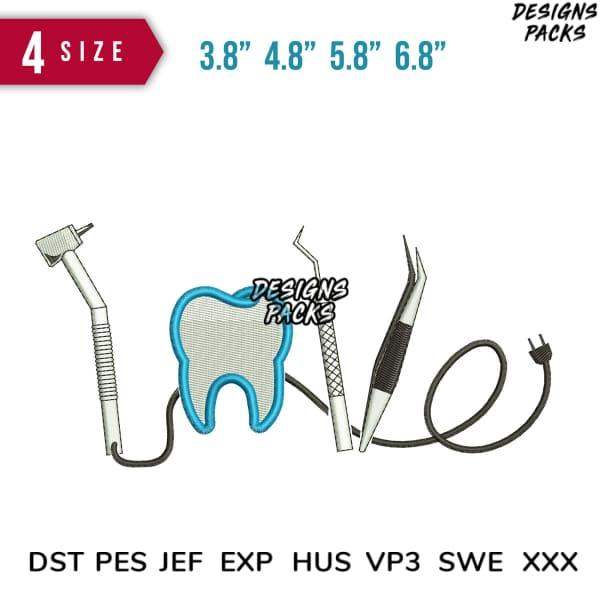 Dental-themed embroidery design with tooth and tools, available in PES, DST, JEF formats, 4 sizes