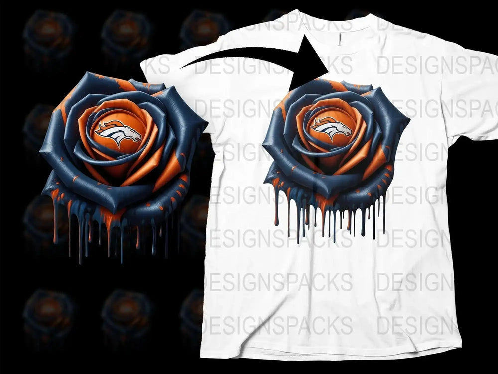Denver Football Team Rose Logo T-Shirt, Dripping Paint Graphic Tee, Orange and Blue, Sports Fan Apparel, Unique Gift Idea