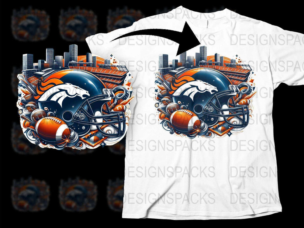 Denver Broncos Themed T-shirt with Urban Art, Football Helmet Design, Sports Fan Apparel