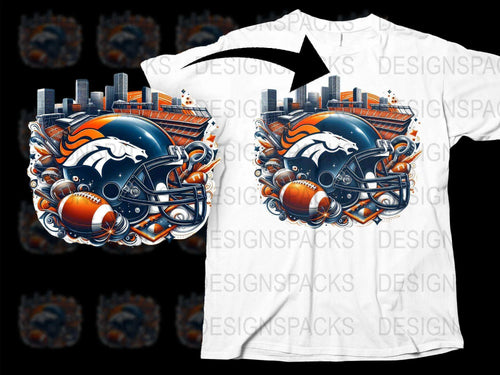 Denver Broncos Themed T-shirt with Urban Art, Football Helmet Design, Sports Fan Apparel