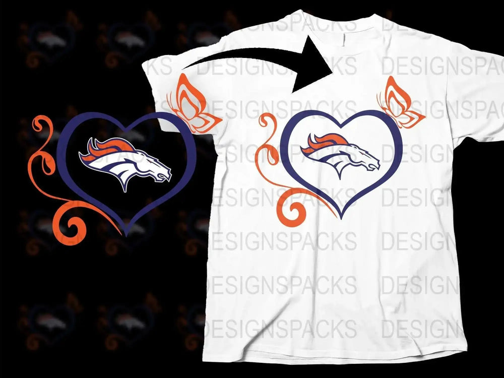 Denver Football Team Logo Heart Graphic T-Shirt, Custom Fan Apparel, Unique Sports Clothing Design