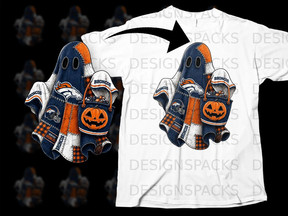 Denver Broncos ghost with pumpkin bucket, on a white t-shirt mockup.