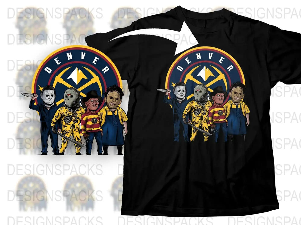 Denver Horror Movie Characters Parody T-Shirt, Unique Graphic Tee, Horror Film Icons, Fan Art Clothing