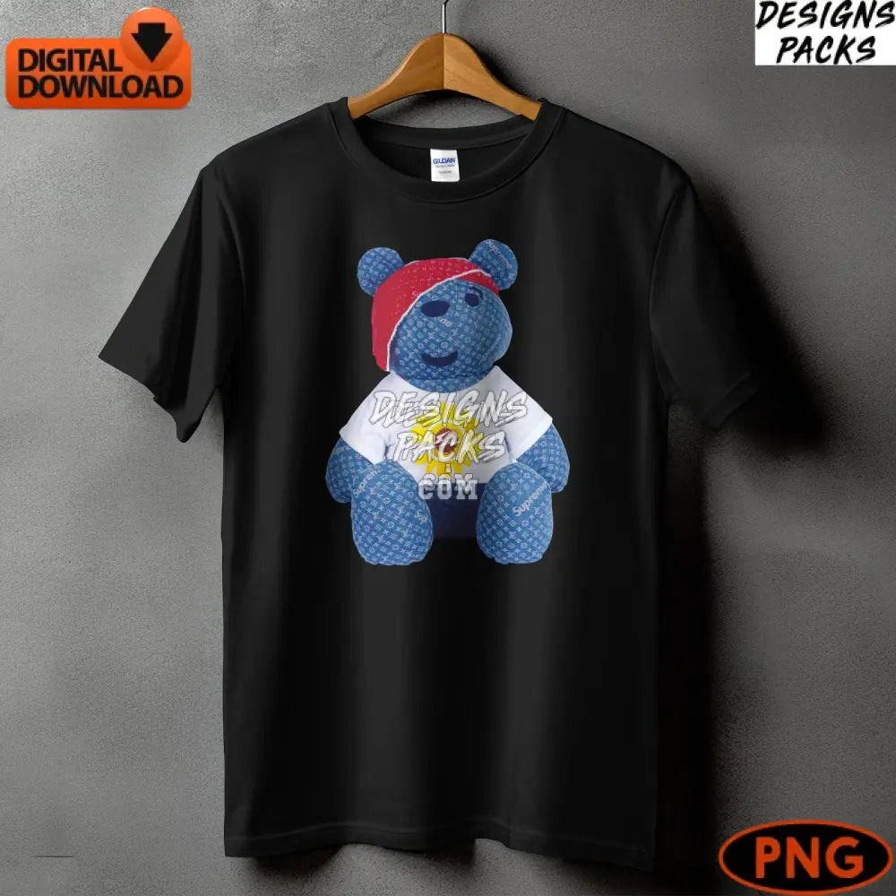 Designer Blue Teddy Bear With Red Bandana Digital Png Cute Stuffed Toy Clip Art Instant Download