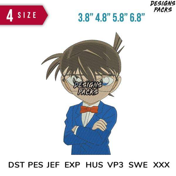 Embroidery design of anime detective character in blue suit, 4 sizes, DST PES formats, print-ready