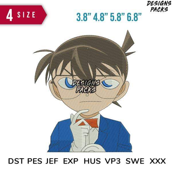 Embroidery design of anime character in blue suit, available in multiple sizes and formats