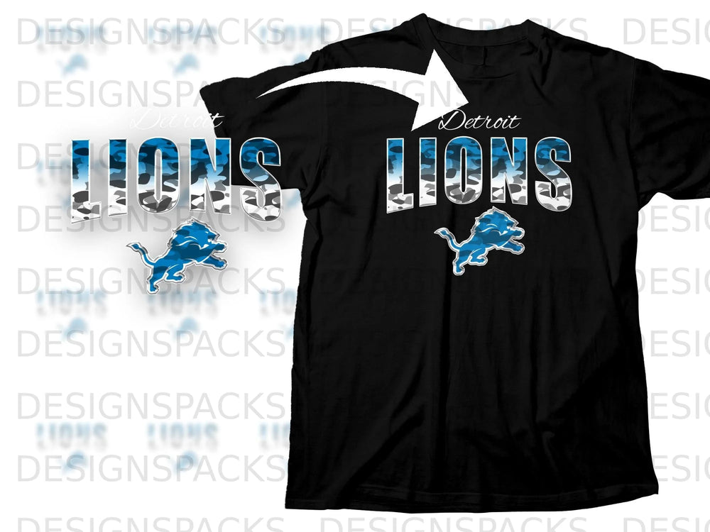 Black t-shirt with "Detroit Lions" text and lion logo in blue camouflage.