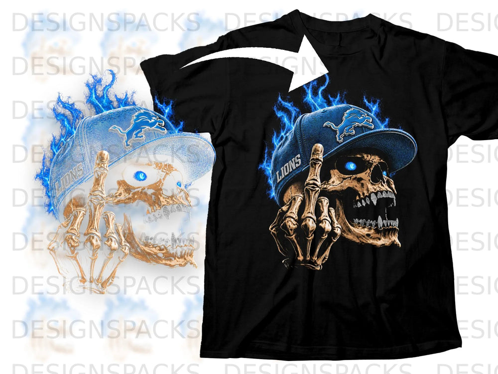 Black t-shirt featuring a skull wearing a blue Lions hat with flames.