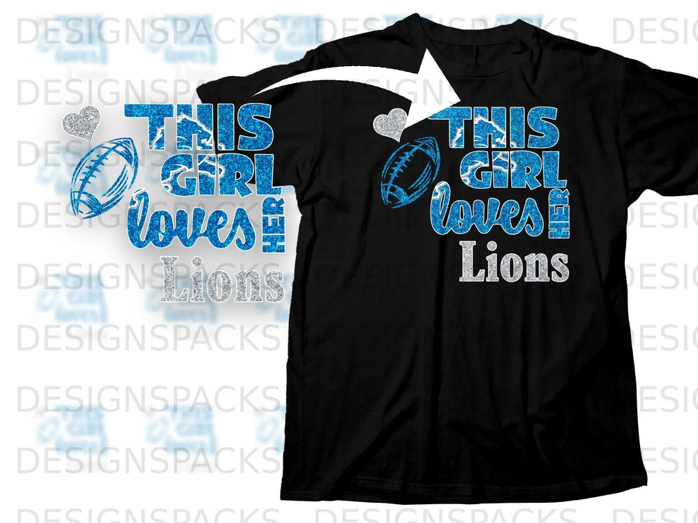 Black t-shirt with blue glitter "This girl loves Lions" football design.