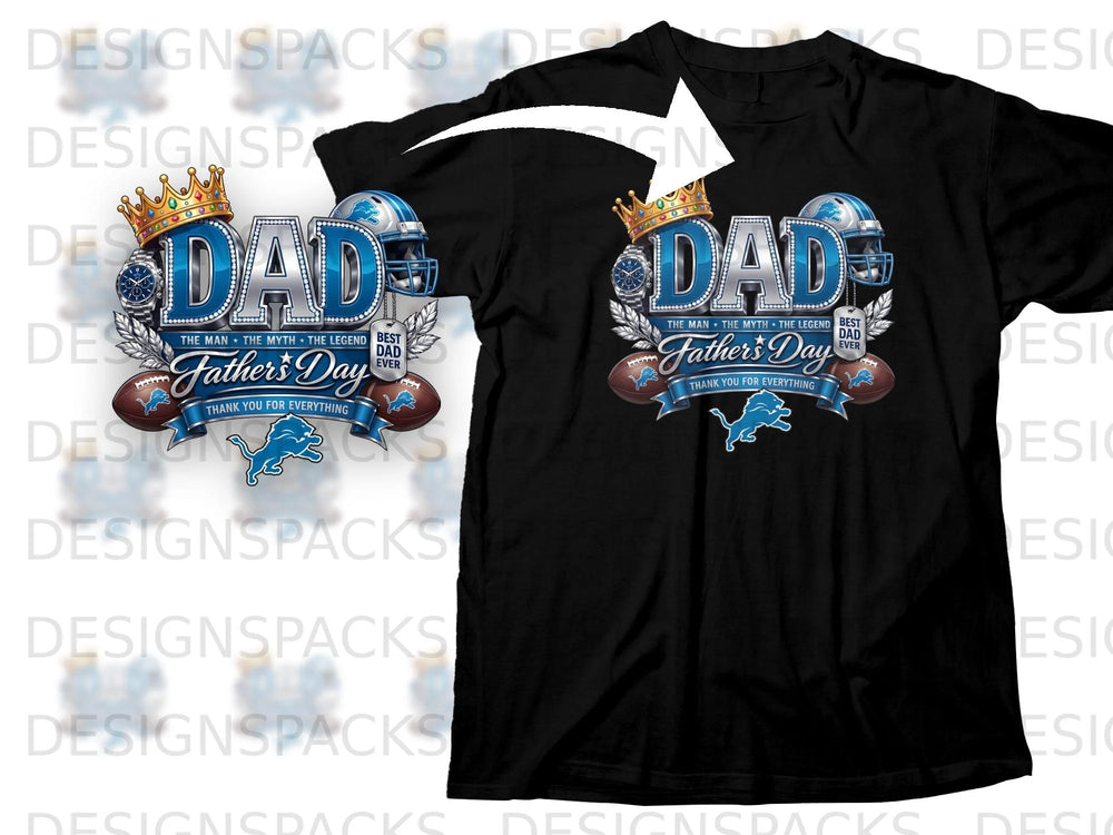 Father's Day t-shirt graphic with "DAD" in large blue letters, crown, helmet, and football.