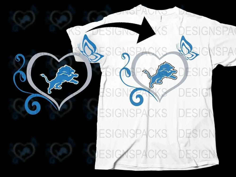 Detroit Lions Graphic T-Shirt, Blue Heart Lion Design, Casual Fan Apparel, Unisex White Tee