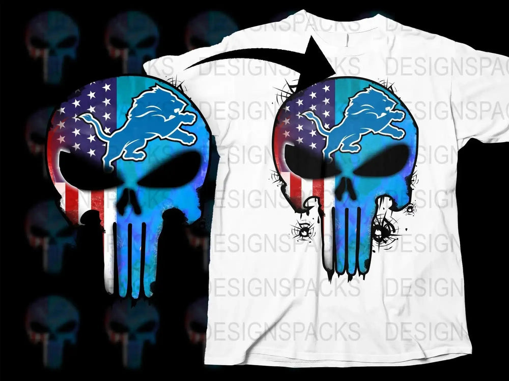 Detroit Lions Punisher Skull Graphic Design Png Digital Download