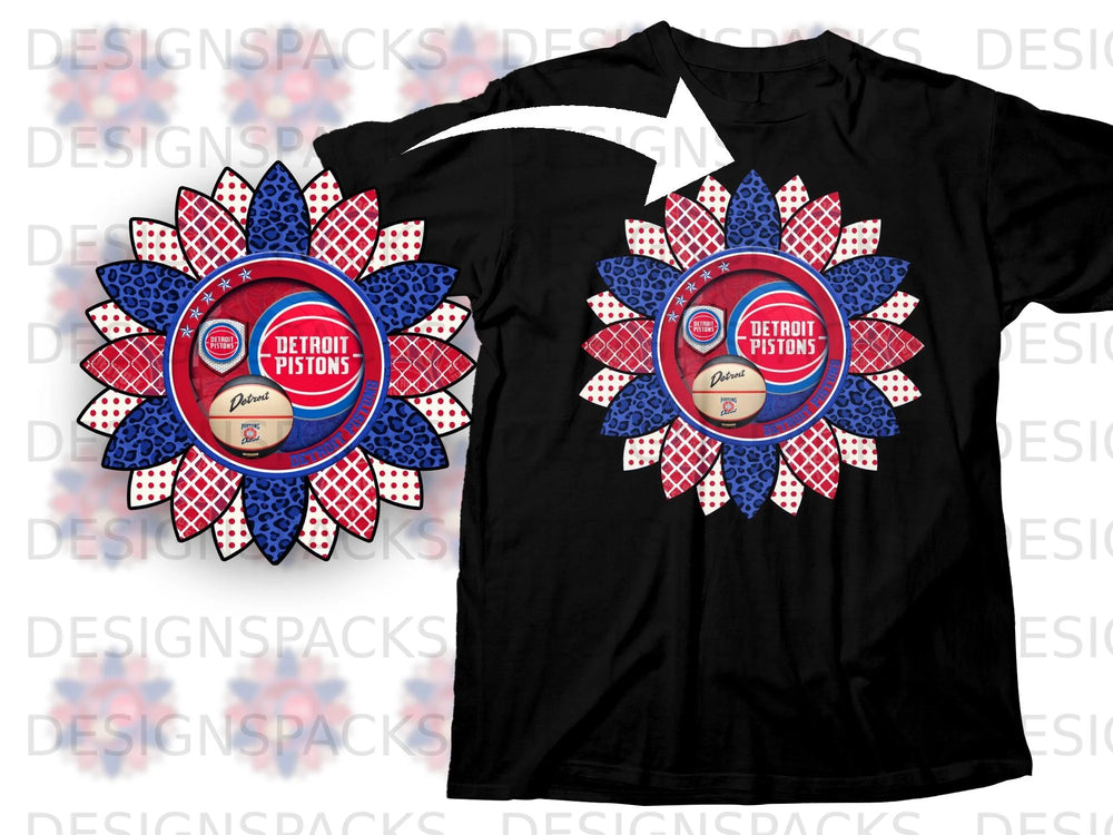Detroit Pistons sunflower logo on black t-shirt.