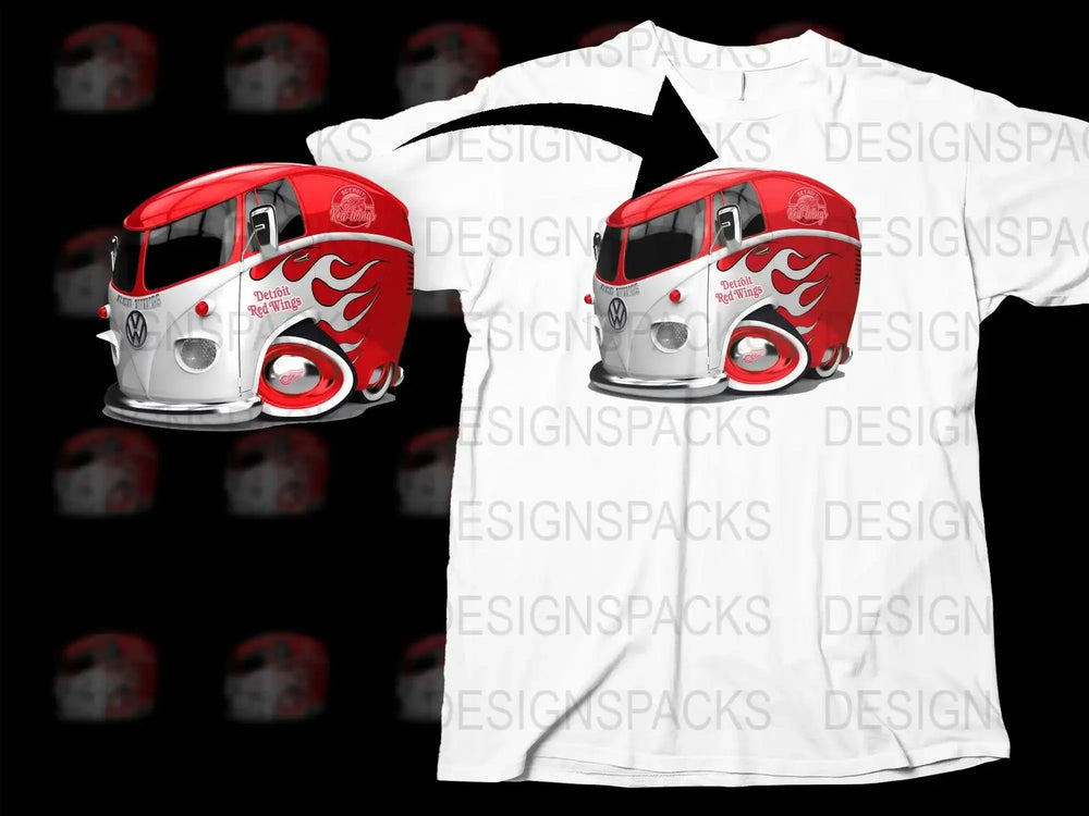 Detroit Red Wings VW bus design for t-shirt, print-ready DTF/DTG graphic with flame details