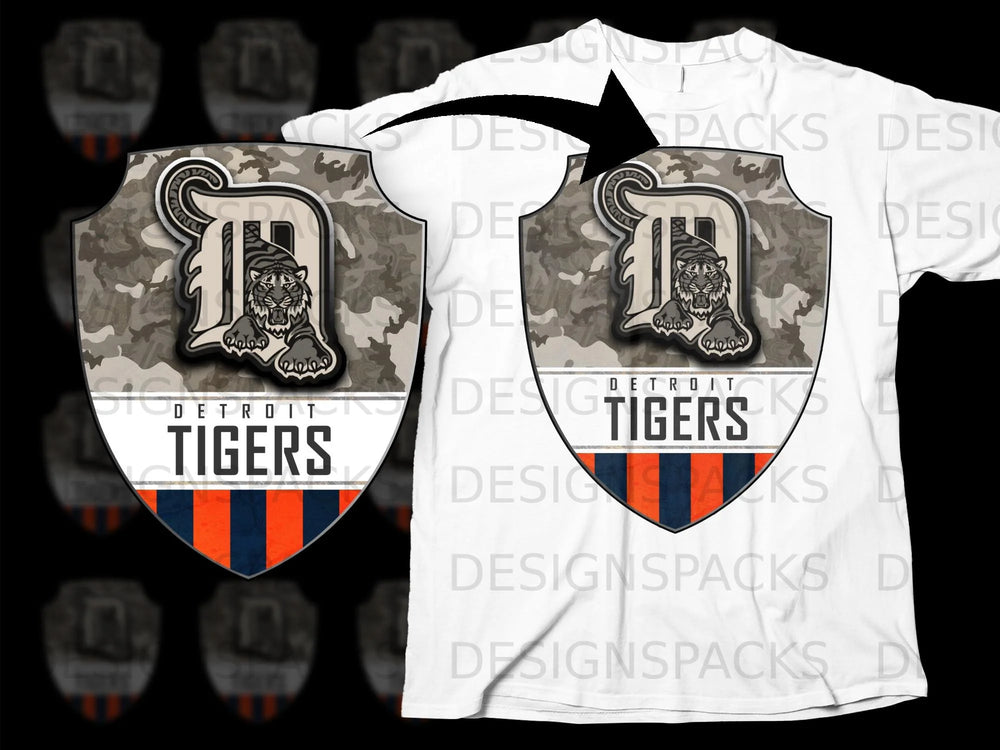 Detroit Tigers logo with tiger on camo background on white t-shirt.